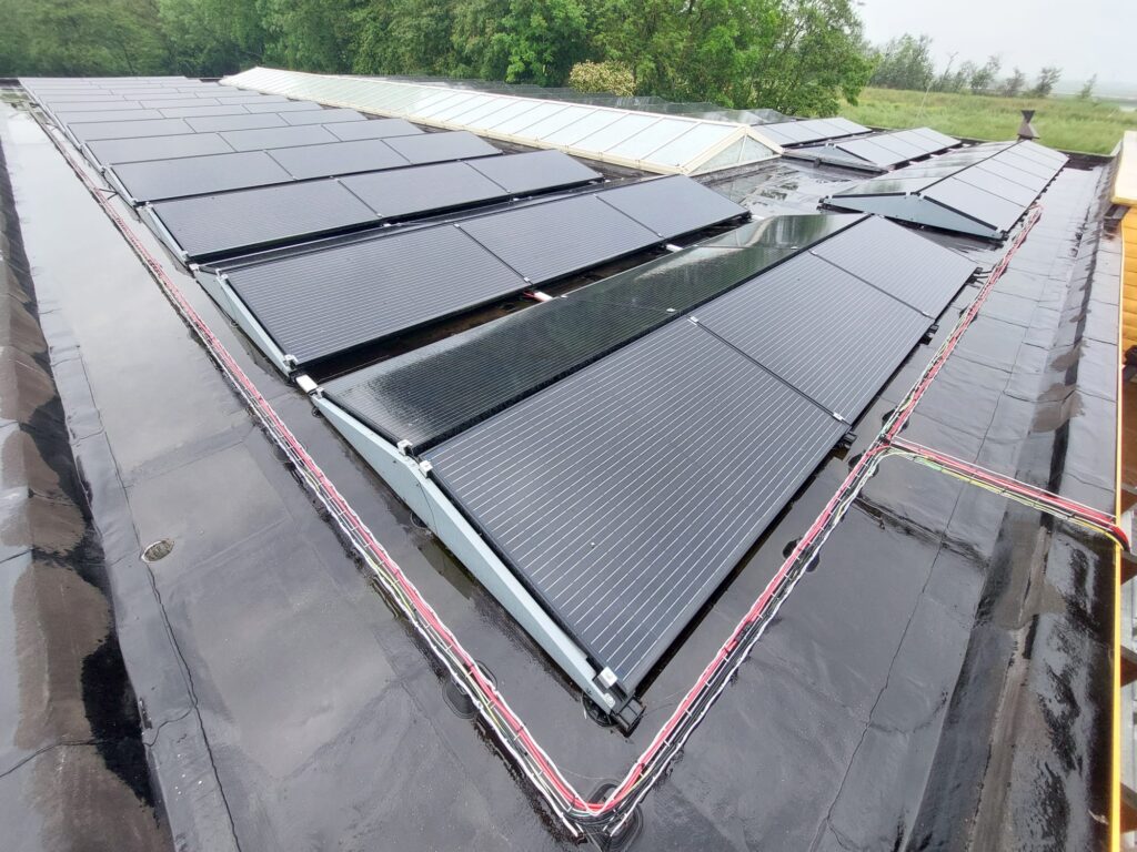 Rijen zonnepanelen op een plat dak