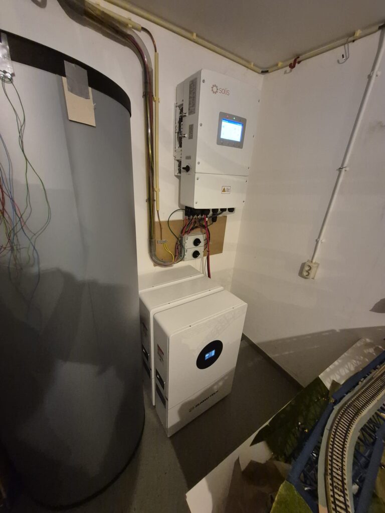 Thuisbatterij en omvormer geplaatst in een berging